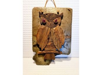 Vintage Hand Carved Out Of Driftwood Wooden Owl On A Rock Slate