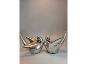 Home Modern Art Plaster Hand-painted Silver Two Peace Pigeon Dove Birds Statue