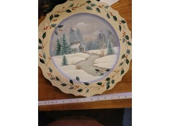 Hand Painted Winter Country Scene Acrylic On Wooden Plate 14 Inch