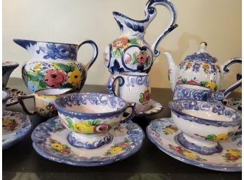 Vintage Portuguese Majolica Full Tea Set 20 Pcs! Pitcher Vase Cups Saucers Blue