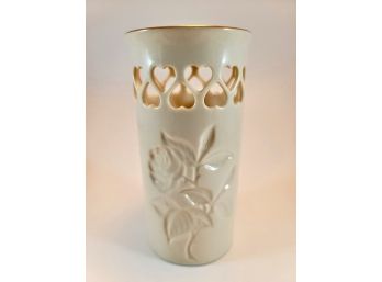 LENOX Pierced Hearts Vase W/Embossed Roses And Gold Trim 5 3/4' Tall