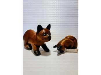 Set Of 2 Cute Vintage Carved Wood Cat Figurines 9 And 5' Wooden Cats - Pair Of Kitten