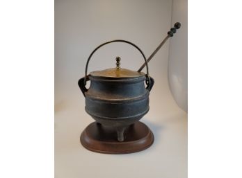 Vintage Cast Iron Fire Starter Smudge Pot Cauldron With Brass Lid & Pumice Wand