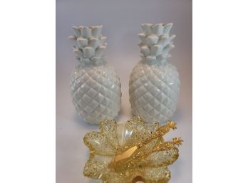 Pineapple Candle Holders White Ceramic 7.5' Tall Set Of 2 Plus Gold Plated Knives And A Plate