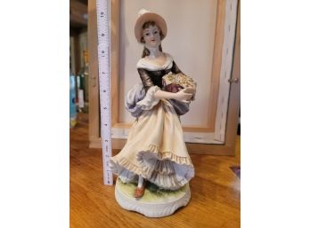 Lamour China Flower Basket Lady Figurine Porcelain Bisque 10.5' Made In Japan