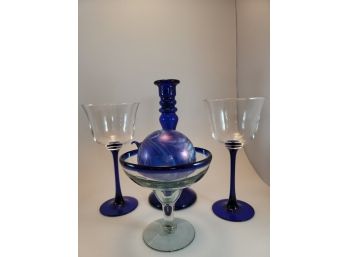 Candle Holder Set 5 Pcs Cobalt Blue , 2 Glasses, Ornament