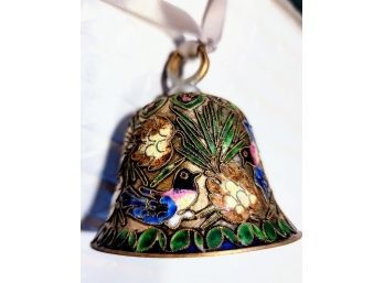 VINTAGE CLOISONNE ENAMEL GREEN TONE BELL ORNAMENT BIRDS AND FLOWER 3', With Box