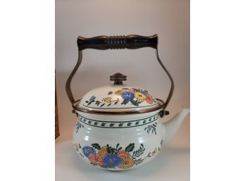 Vintage Enamelware Teapot Floral Flowers Wood Handle Kamenstein