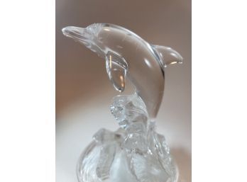 Vintage Clear Glass Dolphin Figurine Frosted Wave Base