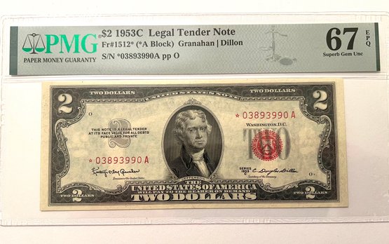 1953C $2 Red Seal Legal Tender Star Note Fr#1512*, PMG Graded 67 Superb Gem Uncirculated EPQ