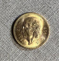 1959 $10 Dollar Mexican Pesos Gold Coin, Brilliant Uncirculated