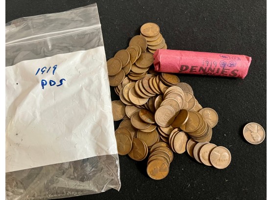 Lot Of Over 100 1919 PDS Wheat Pennies, Various Condition