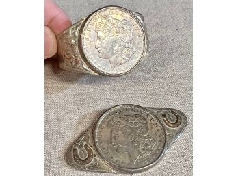 Pair Of Vintage Ladies Custom Jewelry Pieces Adorned With 1921 Morgan Silver Dollars, Set In Sterling Silver