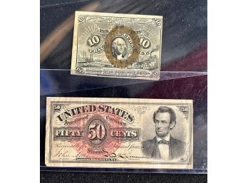 Pair Of Early & Rare U.s. 1860's Fractional Currency Notes, Washington 10c, Lincoln 50c, VF Condition
