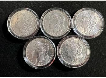 Group Of Five U.S. Silver Morgan Dollars, All AU- BU Condition, Various Dates