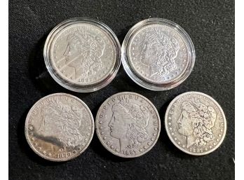 Group Of Five U.S. Silver Morgan Dollars, Fine-BU Condition, Various Dates