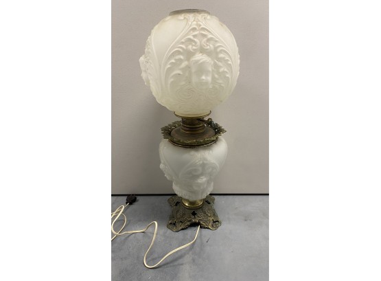 Antique Victorian Banquet Lamp W/cherub Figural Face Globes
