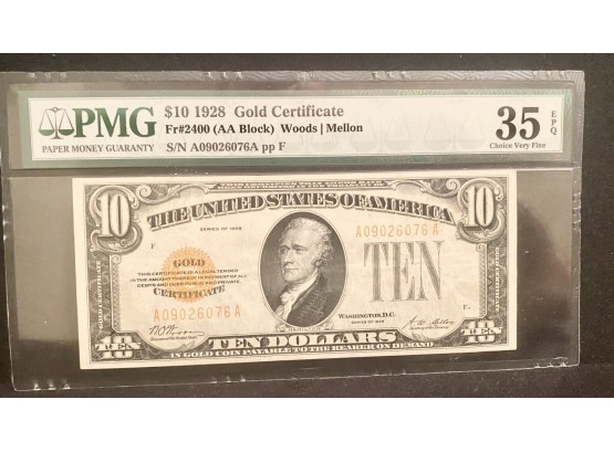 1928 $10 Gold Certificate Fr#2400 Graded PMG 35 Choice Very Fine EPQ