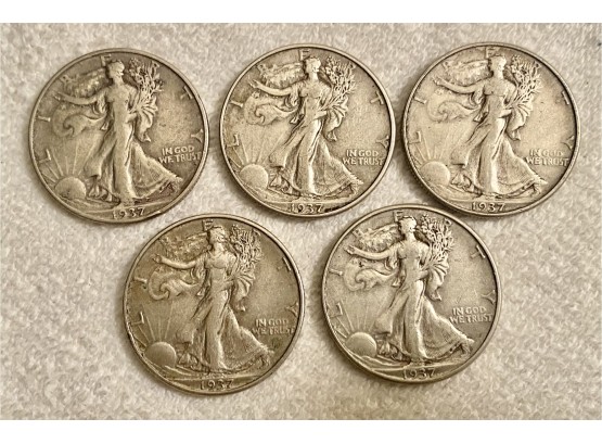 Lot Of Five 1937-d Walking Liberty Silver Half Dollars