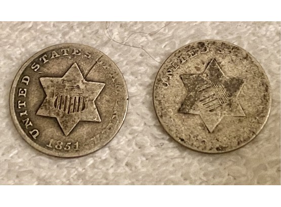 Pair Of United States Silver Three Cent Pieces, 1851