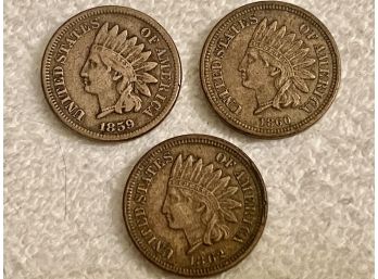 Trio Of Early U.s. Indian Head Cents, 1859-1862