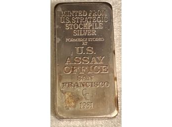 U.s. Assay Office Strategic Stockpile 10 Ounce Silver Bar From 1981