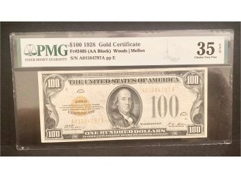 Rare 1928 U.s. $100 Gold Certificate Fr#2405 Graded PMG 35 Choice Very Fine EPQ