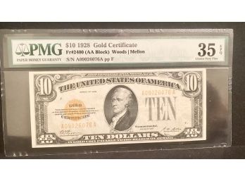1928 $10 Gold Certificate Fr#2400 Graded PMG 35 Choice Very Fine EPQ