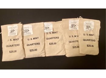 Lot Of Five Original Mint Sealed Bags Of Uncirculated U.S. State Quarters, $25 Per Bag