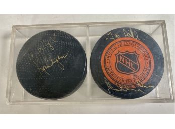 Hockey Hall Of Famers Bobby Orr & Ken Dryden Signed Pucks
