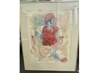 Large Original Signed Leroy Neiman Lithograph Of Hall Of Fame Catcher Johnny Bench