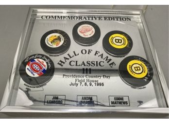 Rare Grouping Of NHL Hall Of Fame Signed Pucks, Gordie Howe, Stan Makita, Gerry Cheevers, Johnny Bucyk