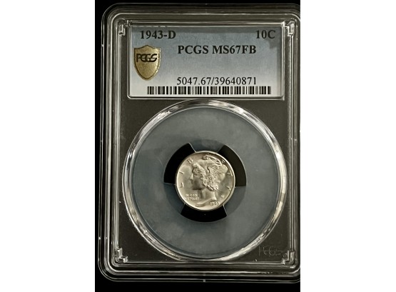1943-D Silver Mercury Dime Graded PCGS MS67 Full Bands, Rare High Grade