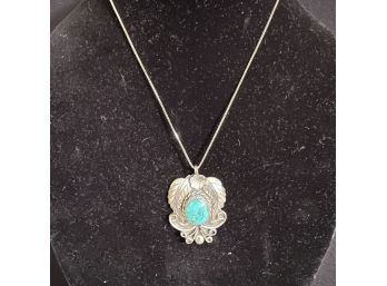 Vintage Turquoise & Sterling Silver Large Pendant Necklace