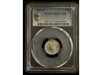1943-D Silver Mercury Dime Graded PCGS MS67plus Full Bands, Rare High Grade