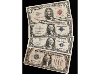 Grouping Of U.S. Notes, Silver Certificates, Funny Back, Red Seal