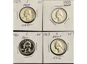 Lot Of Four Silver Proof Washington Quarters, Various Dates