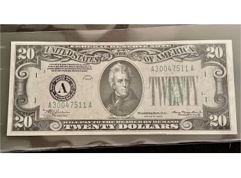 Series 1934 $20 Federal Reserve Note, About Uncirculated, Scarcer Boston Federal Reserve