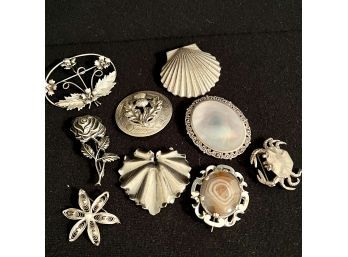 Estate Lot Of Vintage Sterling Silver Brooches, Many Hallmarks