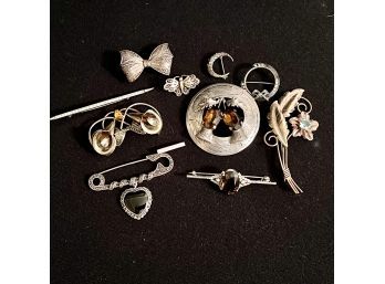 Antique Lot Of Estate Sterling Silver Brooches, Many Hallmarked