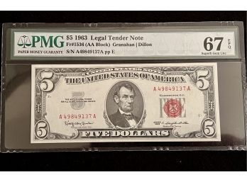 High Grade 1963 $5 Red Seal, Graded PMG MS 67