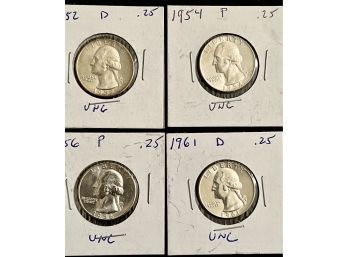 Lot Of Four Gem Uncirculated Silver Washington Quarters, Various Dates