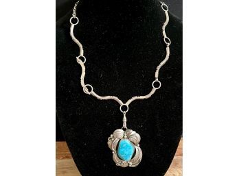 Gorgeous Vintage Large Turquoise & Sterling Silver Heavy Necklace, Hallmarked
