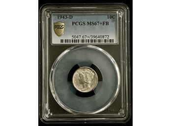 1943-D Silver Mercury Dime Graded PCGS MS67plus Full Bands, Rare High Grade