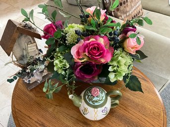 Floral Arrangement, Decorative Birdhouse And Teapot