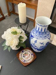 Vase, Floral Arrangement, Trivet And Candlestick