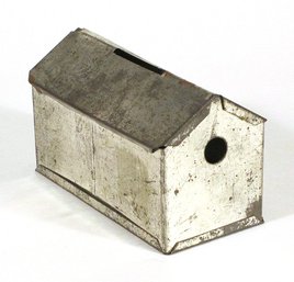 ANTIQUE TIN BANK IN THE FORM OF A BUILDING, 19TH CENTURY