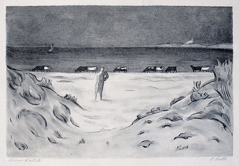 PAUL BASILIUS BARTH (SWISS, 1881 - 1955): 'COWS AT THE BEACH,' SIGNED LITHOGRAPH, CIRCA 1940s - 1950s