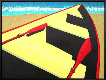 LARGE MODERNIST PAINTING OF A ROWBOAT AT WATER'S EDGE, ACRYLIC ON CANVAS, SIGNED