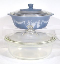 TWO VINTAGE GLASS COVERED CASSEROLES BY FRY AND GLASBAKE, 1920s/1960s
